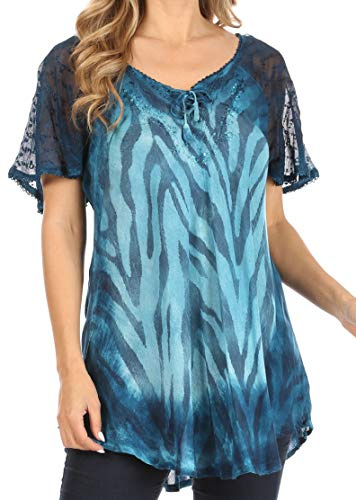 Sakkas TS-2209 - Tunique Haut de Chemisier en Dentelle à Manches Courtes Corset évasé décontracté pour Femmes Petra - 2206-TealBlue - OSP