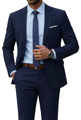 YND Men's 2 Piece Suit with Tie, One Button Slim Fit Solid Jacket and Pants Set, Suits for Men Prom Party Wedding & Business Deep Blue