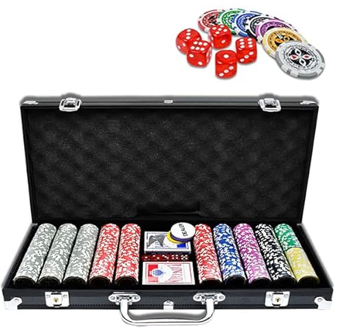 YUENFONG Pokerkoffer Pokerset Schwarz mit 500 hochwertigen Laser Pokerchips, inkl. 2 Pokerdecks, 1 Dealer Button, 5 Würfel, 2 Schlüssel, für Party, Reise, Game