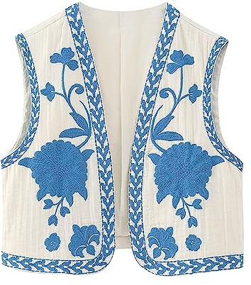 YILEEGOO Chalecos vintage bohemios bordados florales sin mangas para mujer, chaleco frontal abierto, chaquetas para exteriores
