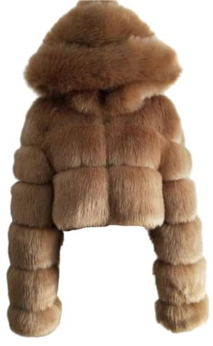 PengGengA Cappotto di Pelliccia Sintetica da Donna Morbido Cappotto di Peluche con Cappuccio Cardigan in Pelliccia Sintetica Giacca Corta Crop Top Manica Lunga - Caffè, S