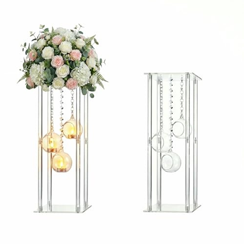 Clear Acrylic Vases Flower Stand Wedding Centerpieces with Hanging Glass Tealight Globe Candle Holders for Event Party Table Decoration Display Rack Column (2, 24 inch)