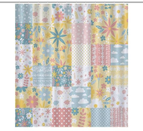 Kurtect Patchwork Floral Shower Curtain Abstract Colorful Flowers and Leaves Clouds Stars Polka Dot Bathroom Curtains Cloth Fabric Home Decor with Hooks 66x72Inch（168x183cm）