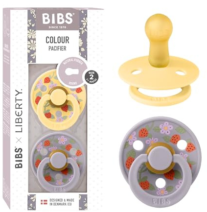 BIBS Liberty Dummies | 2 Colour Natural Rubber Latex Soothers | BPA Free Dummy | Round Nipple Pacifier | Designed & Made in Denmark | Strawberries and Cream Pale Butter Mix | Size 2 | 6+ Months