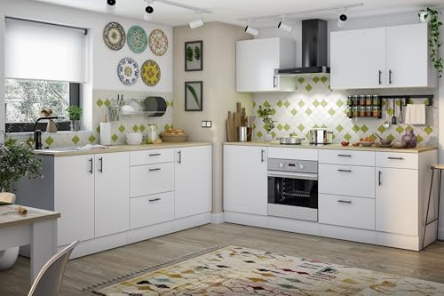 möbelando Küchen-Set >KIRA< Moderne Eckküche 420x211x60 cm, Weiß glänzend, Arbeitsplatte Canadian Eiche, Soft-Close-Schubladen, höhenverstellbare Füße, Aluminiumgriffe, zerlegt, pflegeleicht.