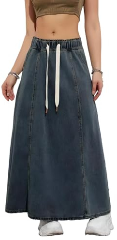 SUIUOI Dam A-linje lång jeanskjol, hög midja, vardaglig denimkjol, elegant sommarkjol, fritidskjol, blå, XL
