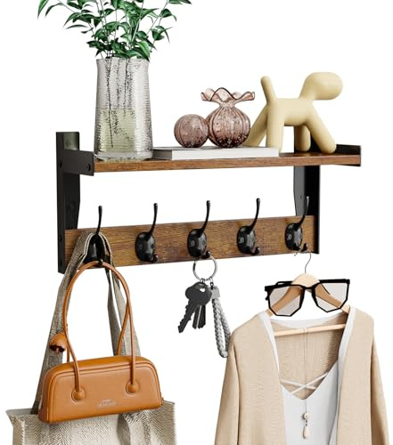 FNBAR Wall Hooks with Shelf, Wood Coat Rack with Shelf Wall-Mounted, Entryway Hanging Shelves with 5 Metal Hooks for Clothes Hats Towel Purse Robes, Bathroom Mudroom Bedroom, Rustic Brown