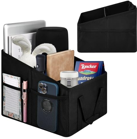 bssmmai Auto Organizer Beifahrersitz Vorne Fußraum, Car Boot Trunk Organizer, Auto Box Kofferraumtaschen mit Teilung Griffen und Mehreren Netztaschen Aufbewahrungsbox Zubehör