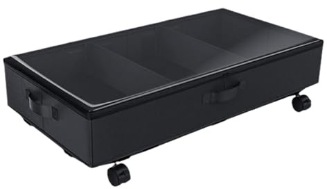 GLEAVI Caja Organizadora de Ropa Negra con Ruedas bajo Cama, Tejido Oxford y Estructura de Hierro, Diseño de 3 Compartimentos para Almacenamiento Antidespolvo