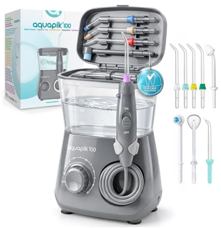 Aquapik® 100 professionell tandkräm | Tar bort plack + rekommenderas av tandläkare | 8 munstycken, 10 trycknivåer och 600 ml tank | Perfekt för implantat och tandreglering (grå)
