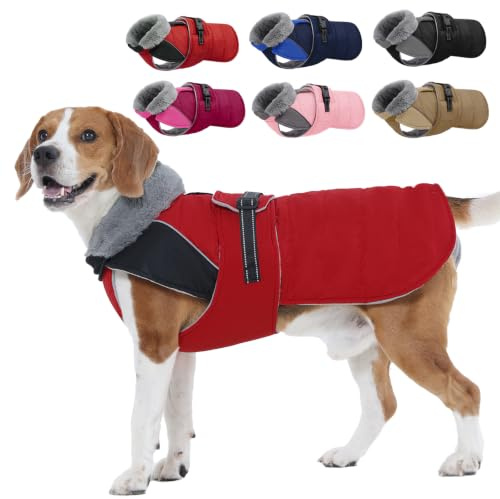 Nanaki Warm Dog Coats for Winter, Fleece Lined Furry Collar, Waterproof Reflective Dog Snowsuit with Leash Hole for Outdoor Walking Hunting, Easy On Cold Weather Puppy Jacket Vest, Beagle, Red L