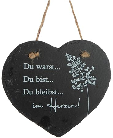CULT at home Herz Grabschmuck Spruch „Du warst…bist..bleibst..“ – Grabdekoration Allerheiligen Schieferherz Grab Deko Grabstein – Herz zum Hängen Gedenkstein Grab Friedhof Anthrazit ca 15 x15 cm
