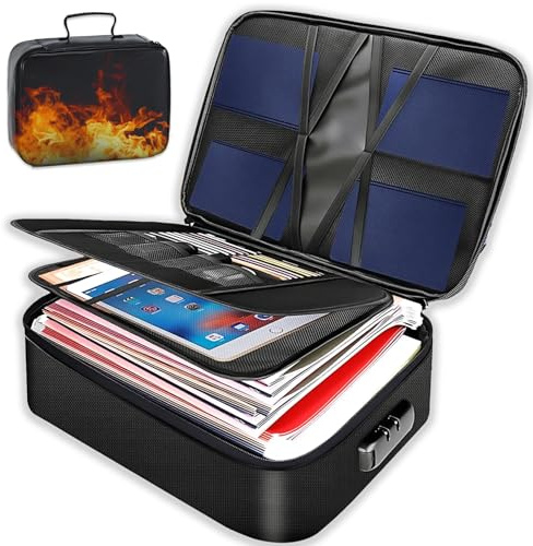 JDHUIOO Fireproof Document Box 14.2''×10.6''×3.9'' Document Bag Black | Large Capacity 3-Layer File Storage Box with Lock for Passports, Certificates, Legal Files, Valuables, Office School Home