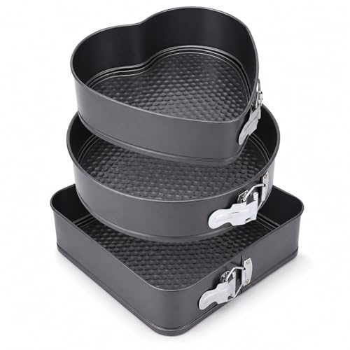 Springform Cake Tin Set of 3 – Non-Stick Loose Bottom | 8 Heart, 9 Round, 9.5 Square (20/22/24 cm) for Cheesecake, Traybakes | Carbon Steel, Leak-Resistant