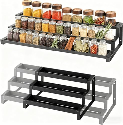 DUDUYA Expandable Spice Rack (14.5-26),3 Tier Spice Organiser, Cupboard Organiser,Wall-Mountable Seasoning Organizer, Spice Jars Rack for Kitchen,Pantry,Countertop,Bathroom,Black