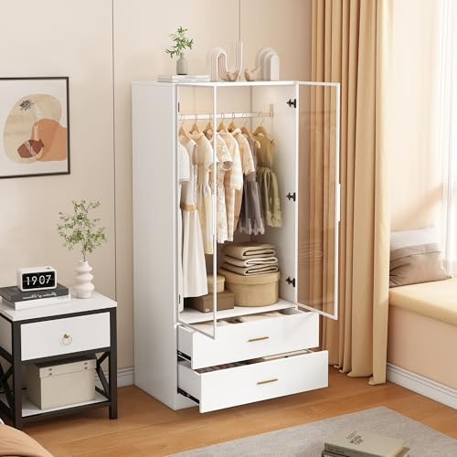 JiaOyu Kleiderschrank Weiß 80cm Breit, Garderobenschrank mitKleiderständer und LED-Leuchten und viel Stauraum, Vielseitiger kleiderschrank 2 türig mit 2 Schubladen für Schlafzimmer(80x50x175cm)