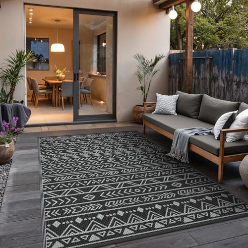 GENIMO Tappeto per Esterni 8x10 FT (244x305 cm), Impermeabile Reversibile in Grigio e Nero per Giardino, Terrazza Grande, Eventi – stile bohémien