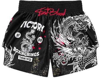 VIPWOLF Men's Muay Thai Boxing Shorts Striped Wide Leg MMA BJJ Kickboxing Shorts Black Letter & Dragon Large