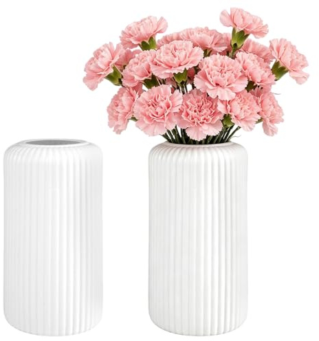 Varenzya 2 Stück Vase Weiß, Blumenvase Weiß Kunststoff, Vase Weiss | Modernes Streifenmuster, Blumenvase Modern Strapazierfähig und Bruchsicher, Geeignet für Wohnzimmer, Büro (20 × 10 cm)