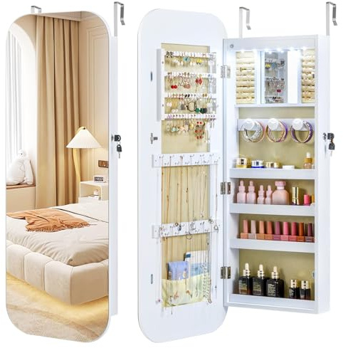 EDIMENS Jewellery Cabinet Hanging Door Mirror LED, abschließbarer Schmuckschrank mit Ganzkörperspiegel zur Wand- und Türmontage, LED Beleuchtung, Holz Weiß, großer Stauraum für Schmuck & Make-up