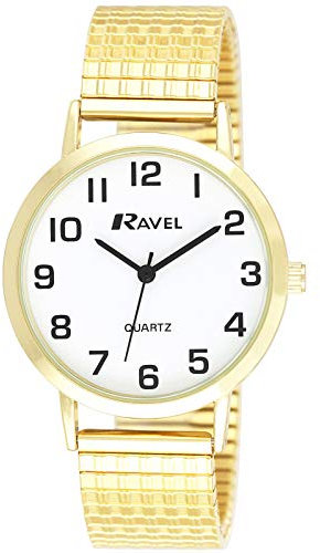 Ravel - Unisex Traditional Watch with Clear Numeral Dial on Expander Bracelet - Gold Tone