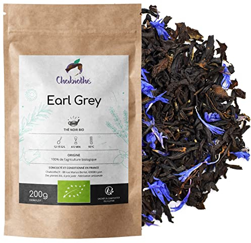 Chabiothé - Thé noir Earl Grey BIO 200g - huile essentielle de bergamote et bleuets - thé noir aromatisé en vrac - fabriqué en France - environ 100 tasses