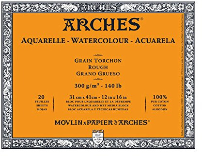 Arches 1795087 Aquarellpapier im Block (31 x 41 cm, 4-seitig geleimt, 300g/m² Grobkorn) 20 Blatt naturweiß