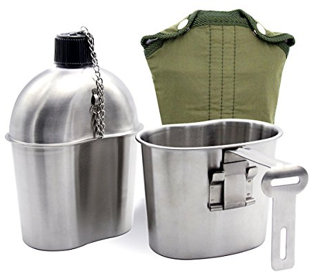 Latinaric 1QT Portable Water Bottle Stainless Steel Military Canteen with 0.5QT Cup Green Bag Outdoor Sport Camping Hiking Travel