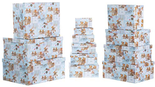Brandsseller Geschenkbox Aufbewahrungsbox Kartenkarton mit Deckel - Stabiler Karton - 13er Set in absteigender Größe Teddybär Hellblau