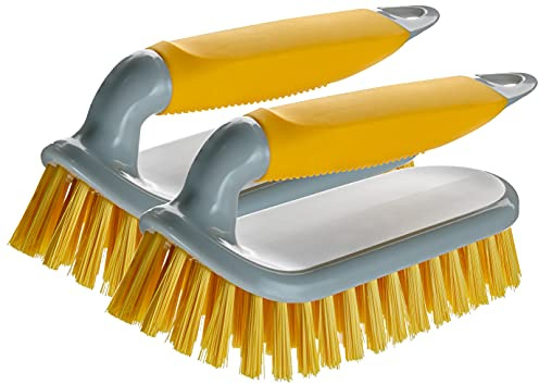 NCaan 2pk Deluxe Hand Scrubbing Brush Heavy Duty with Stiff Bristles & Non-Slip Soft Grip Handle-Household Cleaning Brush for Indoor & Outdoor, Bathroom, Kitchen, Carpet, Floor, Bath, Car (Yellow, 2)