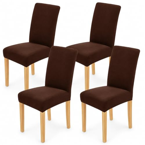 AngLink Stuhlhussen 4er Set Braun - Blickdicht Stretch Stuhlbezug Waschbar, Universal Hussen für Esszimmerstühle Hochlehner, rutschfest Schonbezug für Schwingstuhl Küche Hotel Deko