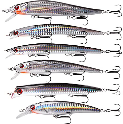Topwater Fishing Lures Kit for Saltwater, 6Pcs Surf Fishing Bait Saltwater Crankbait Lure Minnow Lures Hard Baits Popper Plugs for Striped Bass Offshore Sea Fishing Tackle