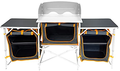 Milestone Camping Kitchen Units with Storage Compartments/Windshield and Cabinets/Heat Resistant Cooking Surface/Portable and Sturdy (Double Unit with 3 Workspaces and 5 Compartments)
