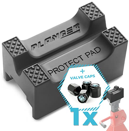 PLANGER® - Protect Pad + Tapa de válvula – Bloque de Goma ranurado Universal Antideslizante para Jack Pad - Protector de Coche Anti daños en el Bastidor de Coche - Goma Altamente Resistente