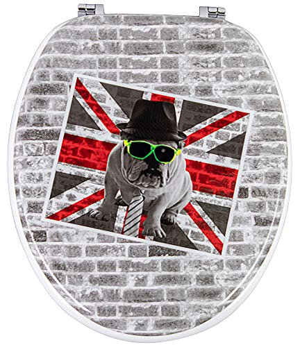 Bakaji Universal-WC-Sitz mit Siebdruck, WC-Sitz für Badezimmer aus MDF-Holz mit runden Scharnieren aus Metall, modernes Design, Größe 43,5 x 36,5 cm (Bull Dog London)