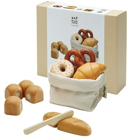 PlanToys® Brot-Set Holz | Kaufladen-Zubehör Bäckerei mit Brezel & Croissant | Montessori-Kaufladen-Zubehör ab 2 Jahren: schneidbares Brot, Brezel & Croissant mit Messer & Stoffbeutel. Fördert Rollenspiel