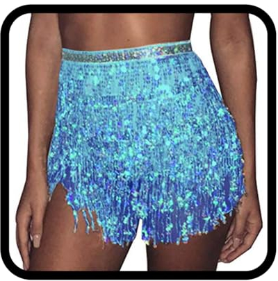 Zookey Sequins Tassel Skirt Belly Dance Skirts Rave Festival Costume Fringe Scarf for Women