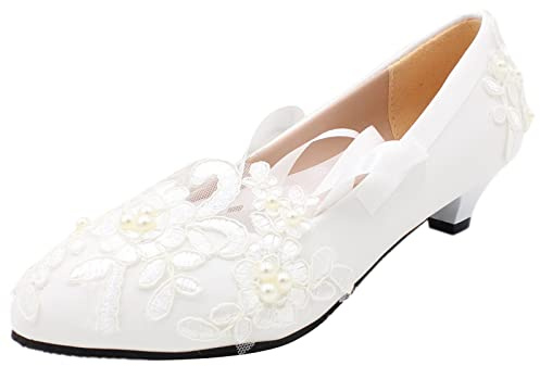 Jamron Dam elegant spetsbroderi platt/klackade vita bröllopsskor pumpar med pärlor, 3 cm klack, 39.5 EU