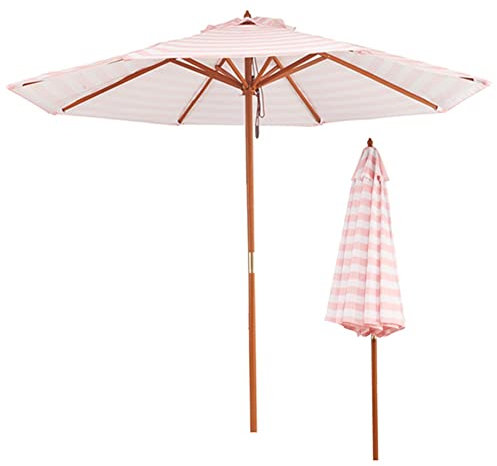 JJ Home Parasol de terrasse de 270 cm, Parasol de Jardin à décoration rayée, Parapluie de Plage extérieur imperméable/Pare-Soleil/Anti-UV, Poteau Central en Bois et 8 Nervures (Color : Pink)