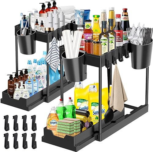BARAKYEG 2 Stück Unter Waschbecken Regal 2 Etagen Küchen Organizer mit 8 Haken,4 Hängebecher küchenschrank Organizer Unterschrank Organizer Gewürzregal Waschbecken-Organizer für Badezimmer,Küchen