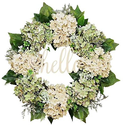 Fouriding Hortensien Kranz für Haustür,Künstliche Blumen 16Zoll Hallo Kranz Frühling Sommer Kranz für Fenster Dekoration Outdoor Haustür Home Decor (Weiß grün)