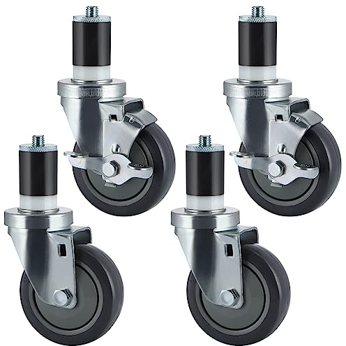 Skelang 4 Pcs Expanding Stem Caster 4'', Stainless Steel Prep Table Castor with Brakes, Heavy Duty Wheel for Commercial Kitchen Work Tables with 38mm Leg Tube, Total Load Capacity 400Kg