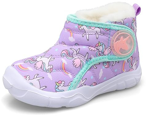 JIASUQI Boys Girls Fuzzy Winter Boots With Hook and Loop Toddler Warm Lightweight Wide Toe Snow Boots Shoes for Indoor Outdoor(PurpleHorse 26,9 UK)