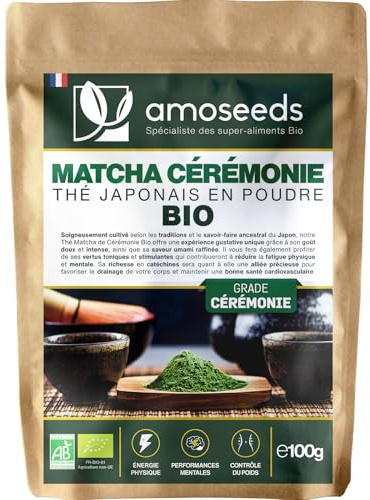 Thé Matcha Japonais BIO 100g | Qualité Cérémoniale | Sans AUCUNE Amertume | Origine région de Shizuoka, Japon | Plus Haute Grade de Matcha | 100% Naturel et Authentique
