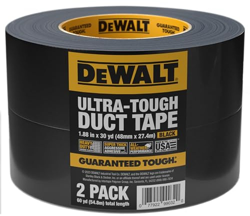 DEWALT Ultra Tough Duct Tape, 1.88 in x 30 yd, Heavy Duty, Ultra Strong, Aggressive Adhesive, All-Weather, 2 Rolls, Black