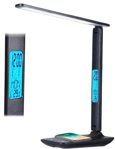 Lámpara de Escritorio LED Multifuncional con Cargador Inalámbrico y puerto para cargar Móvil, Pantalla LCD Inteligente - Iluminación Ajustable, Diseño Plegable, Ideal para Hogar y Oficina…