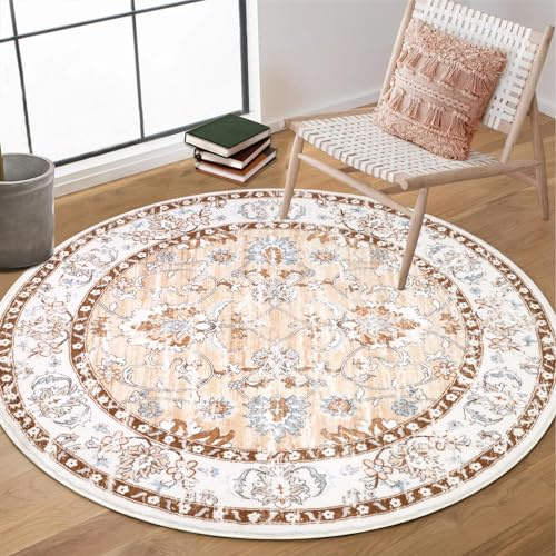 Enyhom Alfombra redonda de 120 cm para sala de estar, diseño de mandala, suave, antideslizante, grande, lavable a máquina, para interiores, dormitorio, baño, pasillo, decoración del hogar, color crema