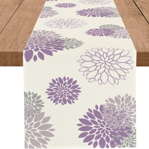 WHOMEAF Runner da tavola con dalie viola, moderno ed elegante, con fiori beige, motivo geometrico con pompon, decorazione per casa, cucina, sala da pranzo, feste, interni ed esterni (33 x 274 cm)