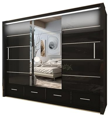 Style Heaven Modern High Gloss Sliding Door Wardrobe for Bedroom,1 Mirrored Sliding Doors wardrobes 5 Adjustable Shelves &2 Hanging Rail,made of MDF Chipboard,aluminium Handles Sycilia(255cm Black)