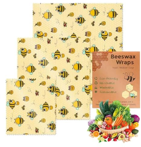 Bienenwachstücher wiederverwendbar, Bienenwachstuch, Wiederverwendbare, nachhaltige, umweltfreundliche Bio-Bienenwachs-Lebensmittelverpackung, 3 Stück Bienenwachsfolie für Brot, Sandwich, biologische